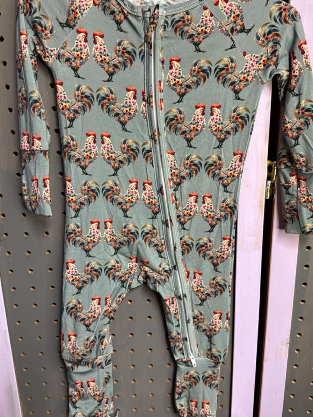 Sage Green Rooster Print Footie One-Piece - Kids